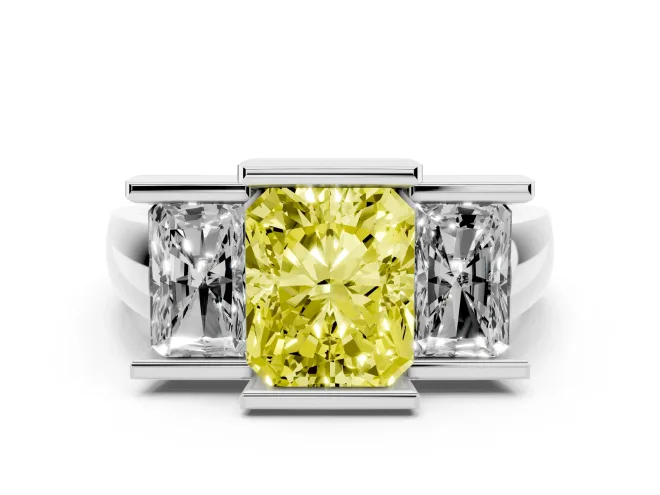Fancy Yellow Radiant Cut Diamond Three-Stone Channel Set Ring Set in Silver with Smooth Polished Band