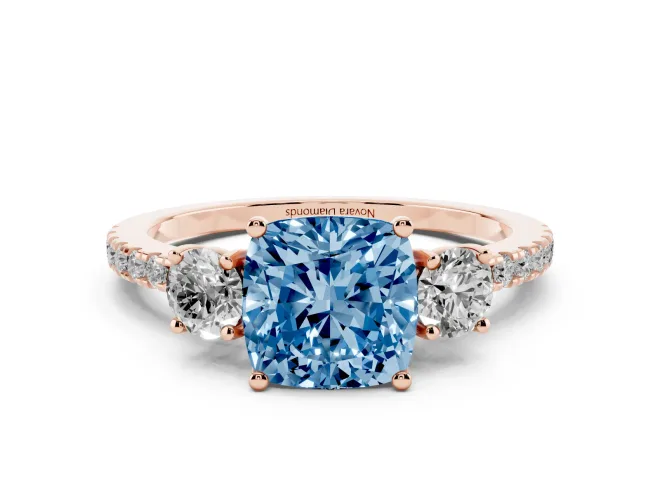 Cushion Cut Three Stone Engagement Ring Setting for a Fancy Blue Lab-Grown Diamond | Pavé Shoulders | Rose Gold