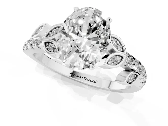 Oval Cut Diamond Solitaire Leaf-Inspired Ring Set in Silver with Pavé Band and Prong Setting – second view