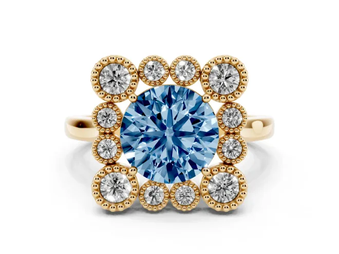 Round Milgrain Cluster Halo Engagement Ring Setting for a Fancy Blue Lab-Grown Diamond | Plain Band | Yellow Gold