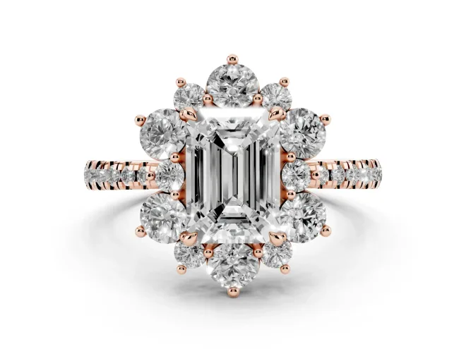 Emerald Cut Star Floral Halo Engagement Ring Setting | Graduated Pavé Band | Rose Gold