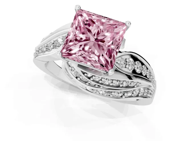 Fancy Pink Princess Cut Diamond Solitaire Ring Set in White gold with Layered Twist Pavé Band – second view