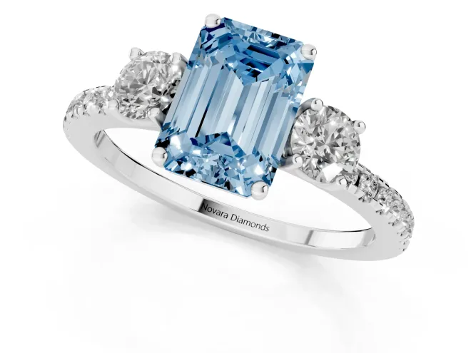 Fancy Blue Emerald Cut Diamond Three-Stone Ring Set in Silver with Pavé Band and Graduated Sides – second view