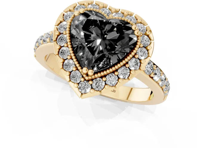 Fancy Black Heart Cut Diamond Halo Ring Set in Yellow gold with Pavé Shank and Prong Setting – second view