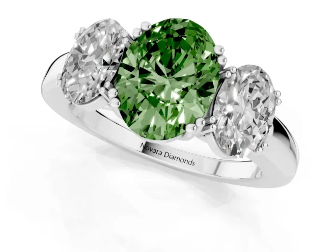 Fancy Green Oval Cut Diamond Three-Stone Ring Set in Silver with Polished Band and Prong Setting – second view