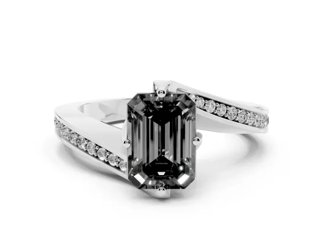 Fancy Black Emerald Cut Diamond Solitaire Ring Set in Silver with Intertwined Pavé Twist Band