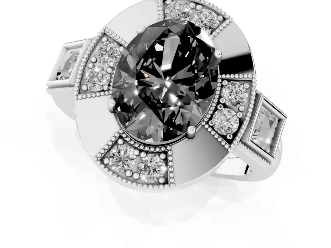 Fancy Black Oval Cut Diamond Milgrain Halo Ring Set in White gold with Split Shank – second view