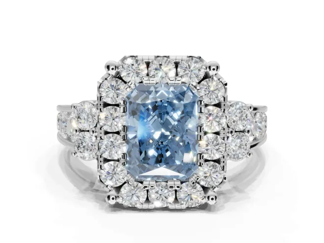 Radiant Cut Halo Engagement Ring Setting for a Fancy Blue Lab-Grown Diamond | Graduated Channel Band | White Gold
