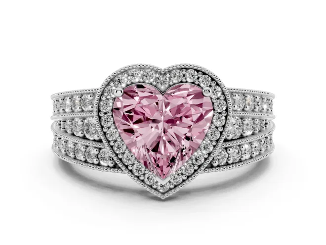 Fancy Pink Heart Cut Diamond Halo Ring Set in Silver with Accent Split Shank and Prong Setting