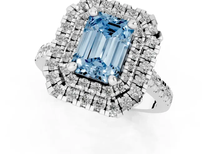 Fancy Blue Emerald Cut Diamond Double Halo Statement Ring Set in Platinum with Pavé Band – second view