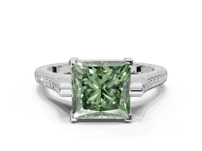 Princess Cut Vintage Cathedral Engagement Ring Setting for a Fancy Green Lab-Grown Diamond | Carved Band | White Gold