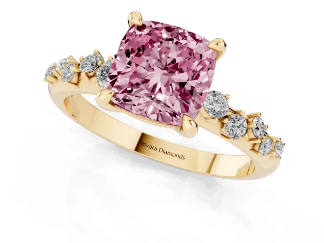 Fancy Pink Cushion Cut Diamond Solitaire Vine Band Ring Set in Yellow gold with Round Accents and Prong Setting – second view