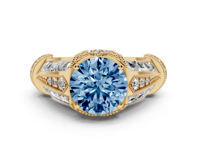 Fancy Blue Round Cut Diamond Vintage-Inspired Milgrain Ring Set in Yellow gold with Accent Split Shank