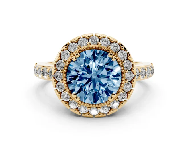 Fancy Blue Round Cut Diamond Halo Ring Set in Yellow gold with Pavé Shank and Prong Setting