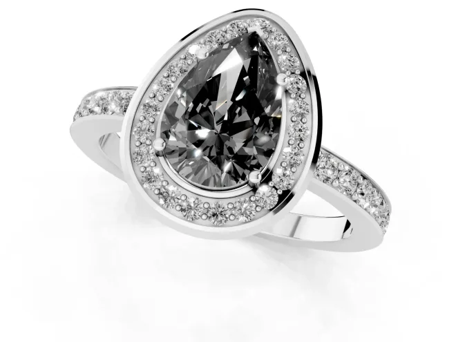 Fancy Black Pear Cut Diamond Halo Ring Set in Silver with Bezel Frame and Pavé Band – second view