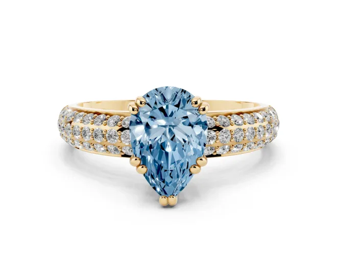 Pear-Shaped Three Row Pavé Engagement Ring Setting for a Fancy Blue Lab-Grown Diamond | Yellow Gold