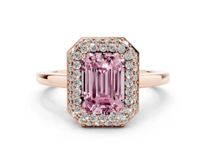 Emerald Cut Pavé Halo Engagement Ring Setting for a Fancy Pink Lab-Grown Diamond | Slim Plain Band | Rose Gold