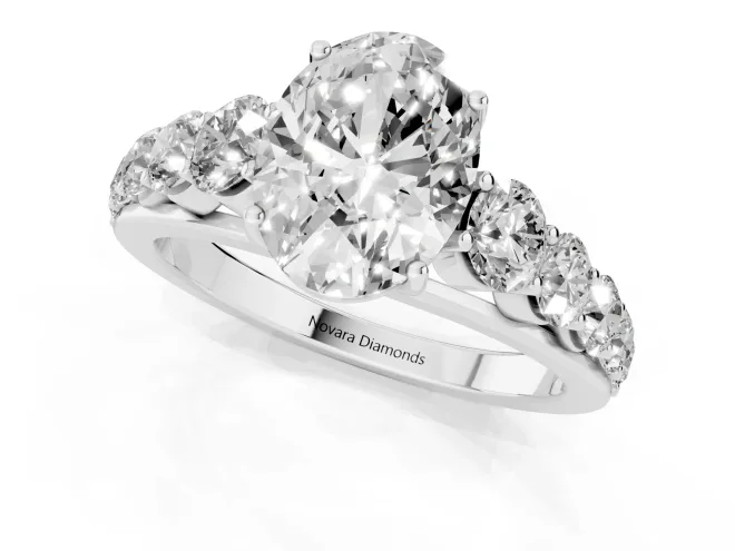 Oval Cut Diamond Solitaire Ring Set in Silver with Pavé-Set Band and Prong Setting – second view