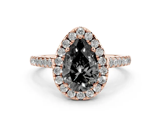Fancy Black Pear Cut Diamond Halo Pavé Engagement Ring Set in Rose gold with Prong Setting