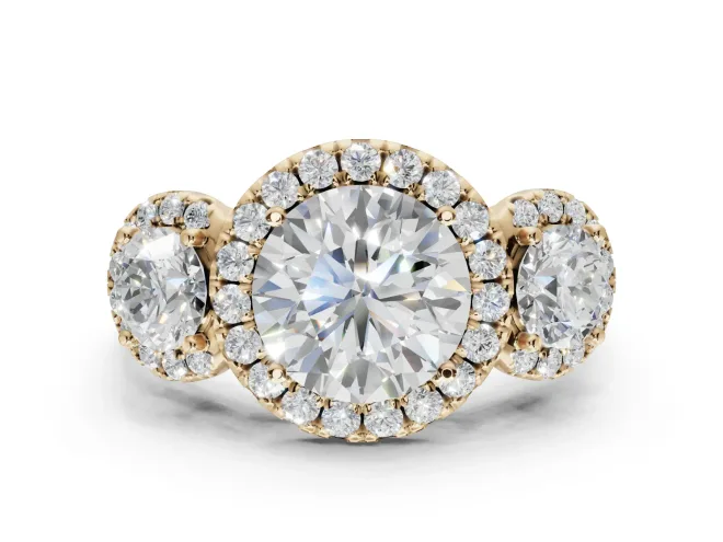 Round Three Stone Halo Engagement Ring Setting | Haloed Side Stones | Yellow Gold