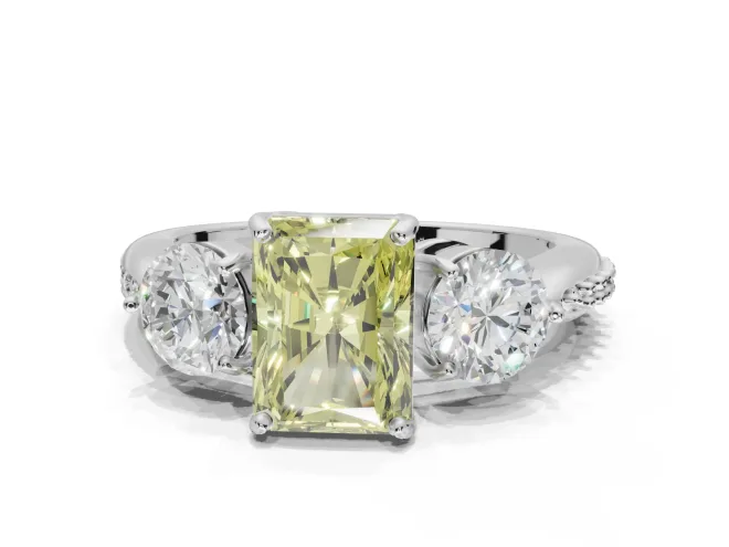 Radiant Cut Three Stone Engagement Ring Setting for a Fancy Yellow Lab-Grown Diamond | Pave Shoulders | Sterling Silver