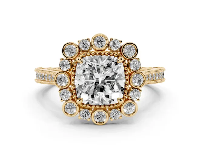Cushion Cut Diamond Halo Milgrain Pavé Ring Set in Yellow gold with Prong Setting
