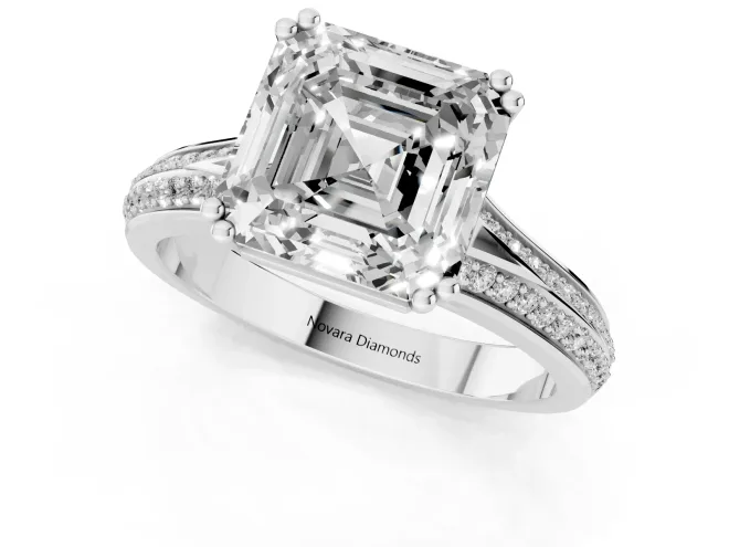 Asscher Cut Diamond Split Shank Pavé Engagement Ring Set in Silver with Prong-Set Center Stone – second view