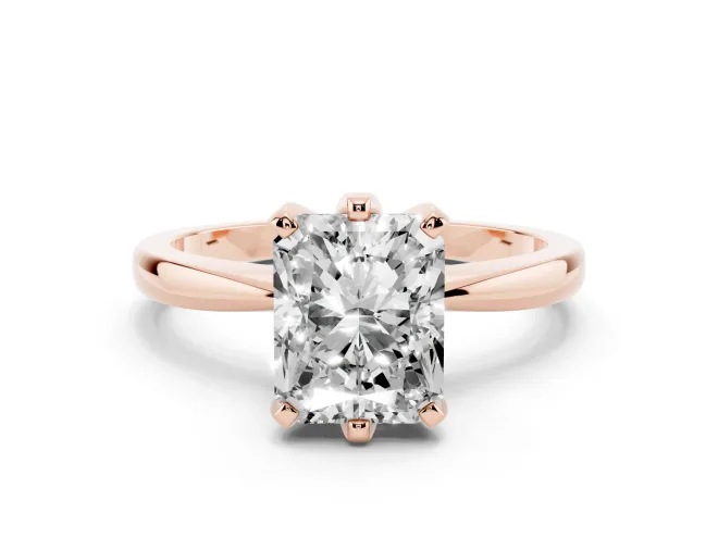 Radiant Cut Diamond Solitaire Engagement Ring Set in Rose gold with Slim Tapered Solitaire Band