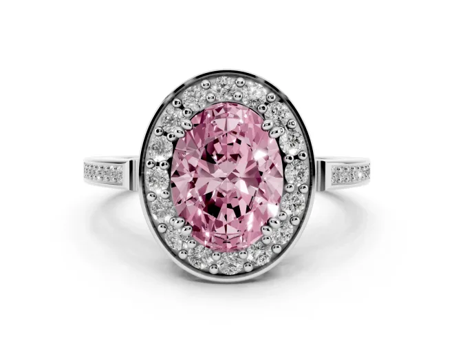 Oval Halo Engagement Ring Setting for a Fancy Pink Lab-Grown Diamond | Polished Halo Rim | White Gold