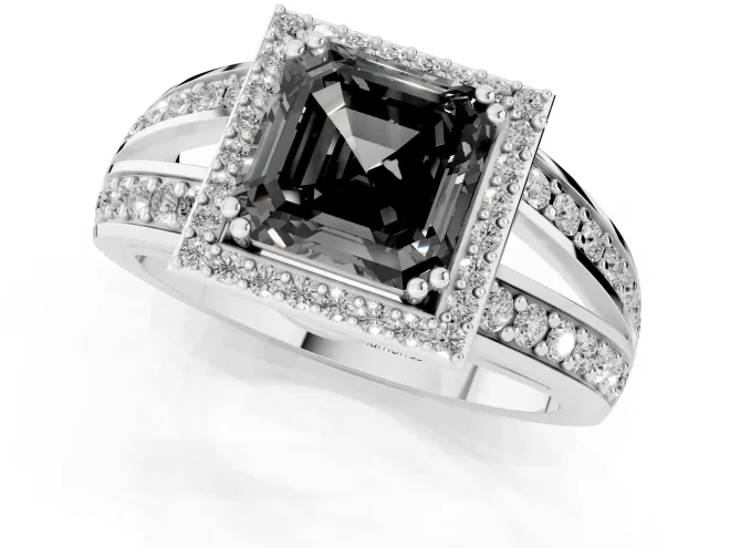 Fancy Black Asscher Cut Diamond Halo Ring Set in Platinum with Double Pavé Split Shank – second view