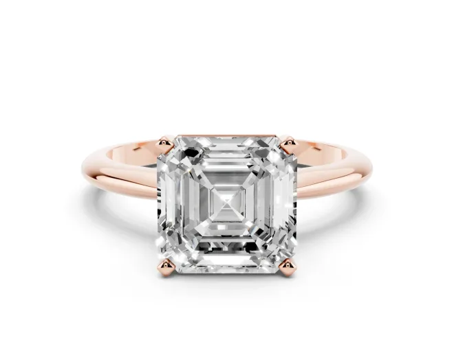 Asscher Cut Diamond Solitaire Ring Set in Rose gold with Prong Setting on a Plain Round Band