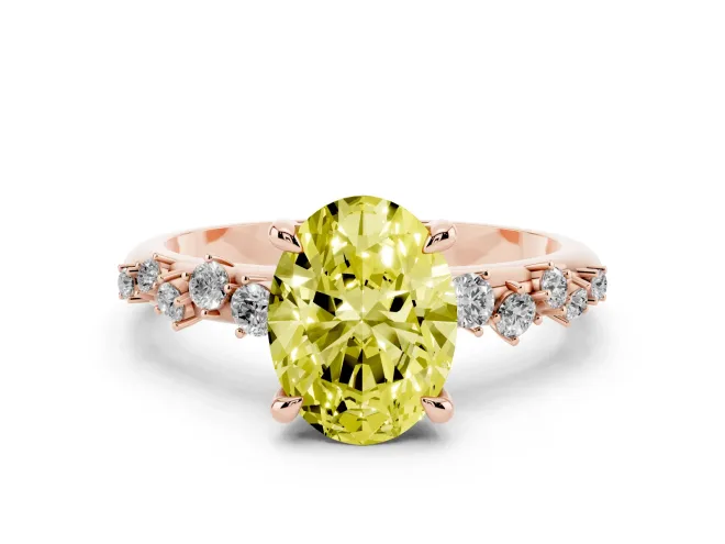 Fancy Yellow Oval Cut Diamond Solitaire Vine Band Ring Set in Rose gold with Round Accents and Prong Setting