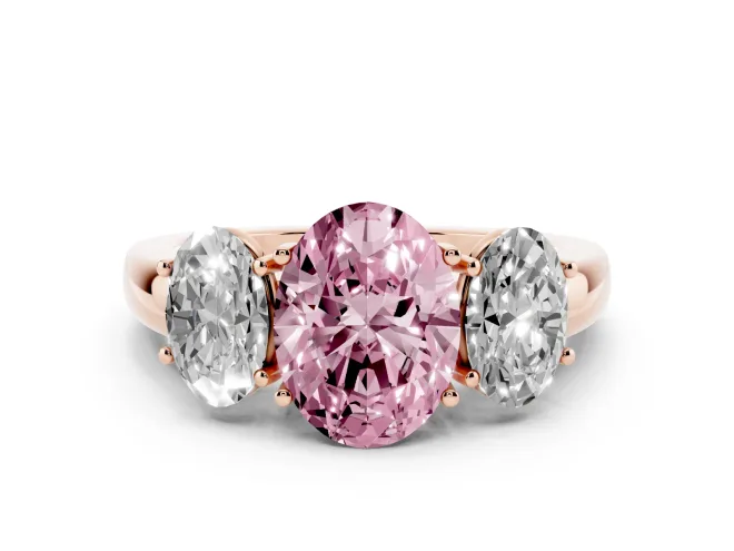 Oval Three Stone Engagement Ring Setting for a Fancy Pink Lab-Grown Diamond | Matching Side Stones | Rose Gold