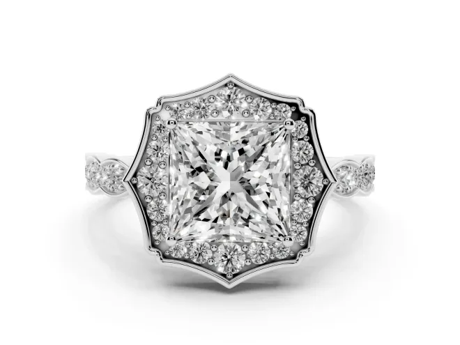 Princess Cut Diamond Halo Engagement Ring Set in White gold with Milgrain Band and Prong Setting