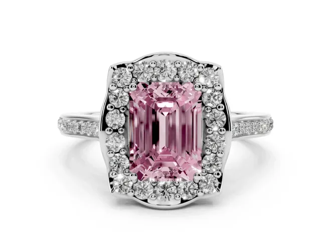Emerald Cut Halo Engagement Ring Setting for a Fancy Pink Lab-Grown Diamond | Petal Tips | Platinum