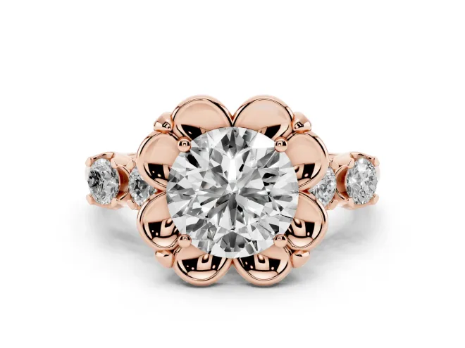 Round Floral Engagement Ring Setting | Petal Frame and Side Stones | Rose Gold