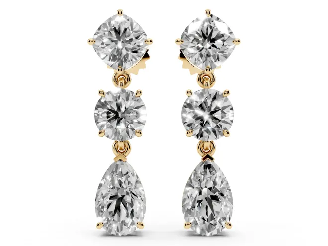 Multi-Shape Lab-Grown Diamond Three Stone Drop Earrings | Cushion Round and Pear | Yellow Gold