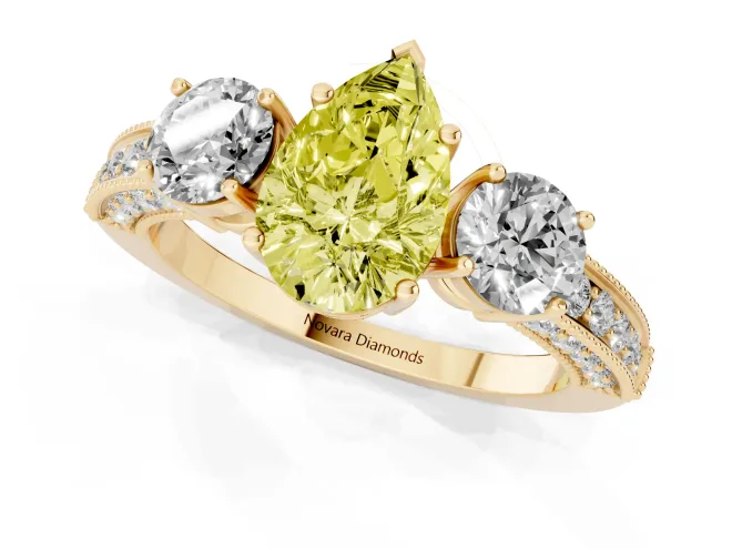Fancy Yellow Pear Cut Diamond Three-Stone Ring Set in Yellow gold with Round Side Stones and Pavé Band – second view