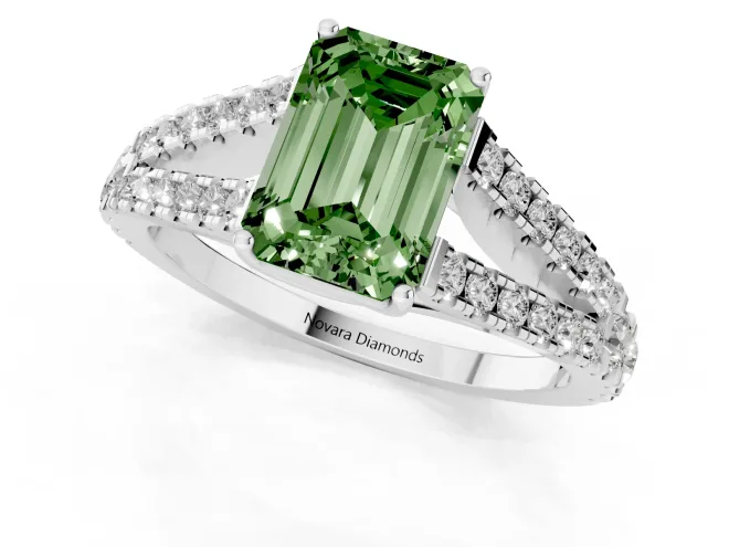 Fancy Green Emerald Cut Diamond Split Shank Pavé Engagement Ring Set in White gold with Prong-Held Center Stone – second view