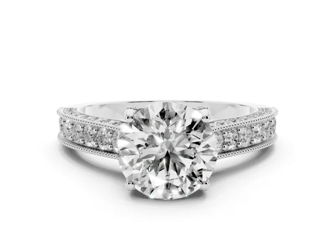 Round Cut Diamond Solitaire Ring Set in Platinum with Milgrain-Edged Pavé Band and Prong Setting