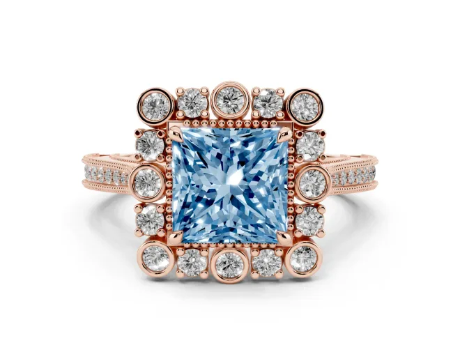Princess Cut Scalloped Halo Engagement Ring Setting for a Fancy Blue Lab-Grown Diamond | Milgrain Edges | Rose Gold