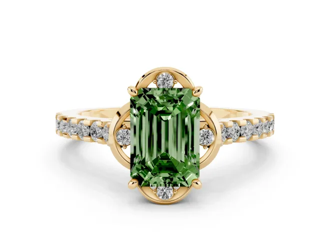 Fancy Green Emerald Cut Diamond Solitaire Ring Set in Yellow gold with Pavé Band and Floral Prong Setting
