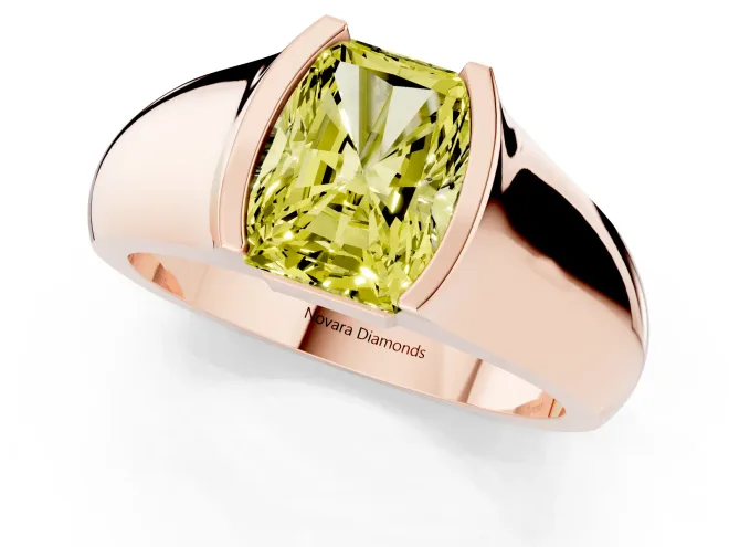 Fancy Yellow Radiant Cut Diamond Bezel Solitaire Ring Set in Rose gold with Wide Band – second view
