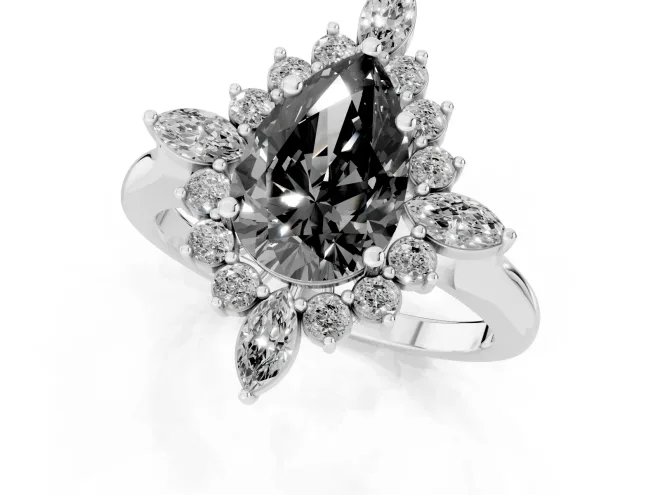Fancy Black Pear Cut Diamond Cluster Halo Ring Set in White gold with Marquise and Round Accents – second view