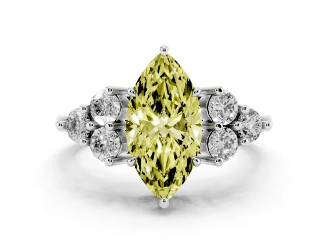 Fancy Yellow Marquise Cut Diamond Solitaire Ring Set in Platinum with Cluster Accents on Each Side