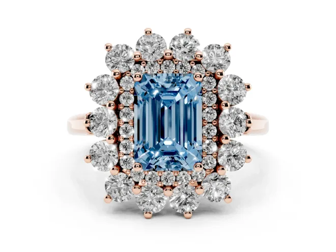 Emerald Cut Floral Double Halo Engagement Ring Setting for a Fancy Blue Lab-Grown Diamond | Plain Band | Rose Gold