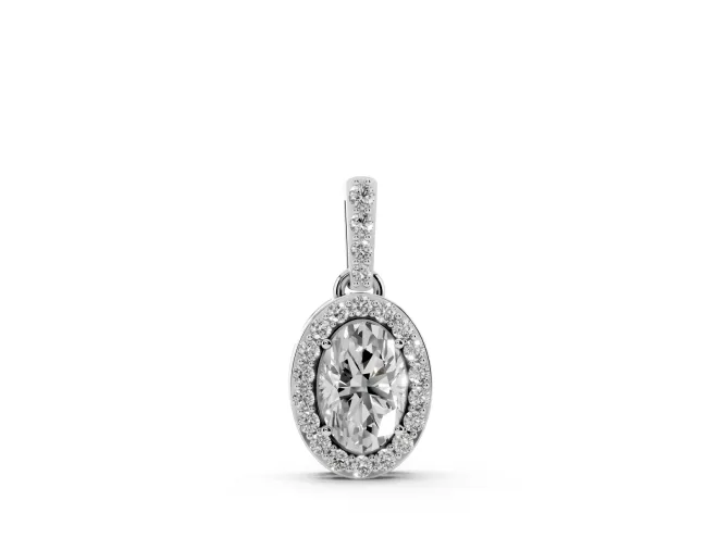 Oval Lab-Grown Diamond Pavé Halo Pendant Necklace | Pavé Bail | White Gold