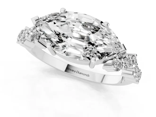 Marquise Cut Diamond Ring Set in White gold with Scattered Round Accents – second view