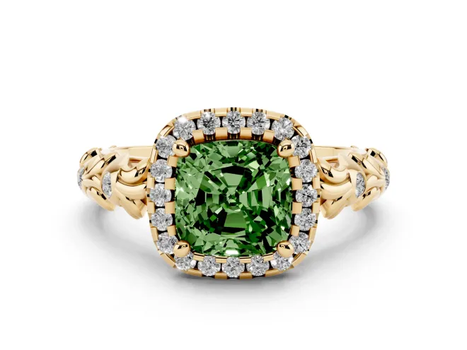 Fancy Green Cushion Cut Diamond Halo Ring Set in Yellow gold with Filigree Leaf Band and Prong Setting