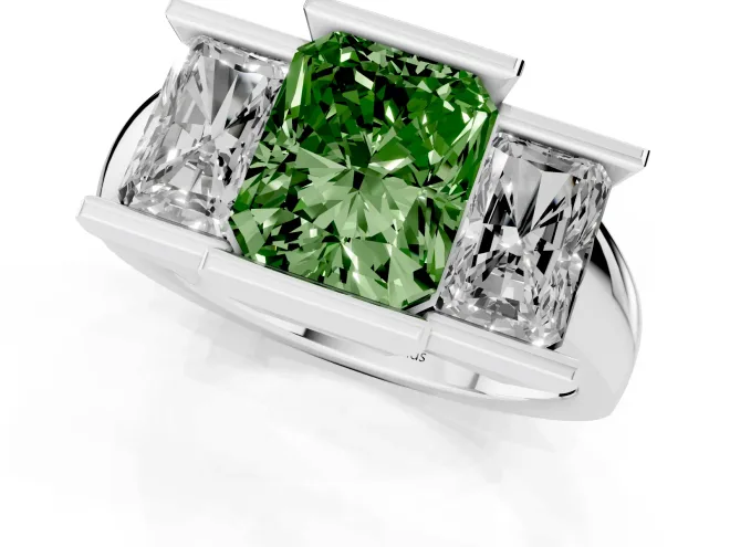 Fancy Green Radiant Cut Diamond Three-Stone Channel Set Ring Set in White gold with Smooth Polished Band – second view